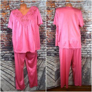 Vassarette XL 2 Piece Satin And Lace Pajama Set Shirt Pants Vintage